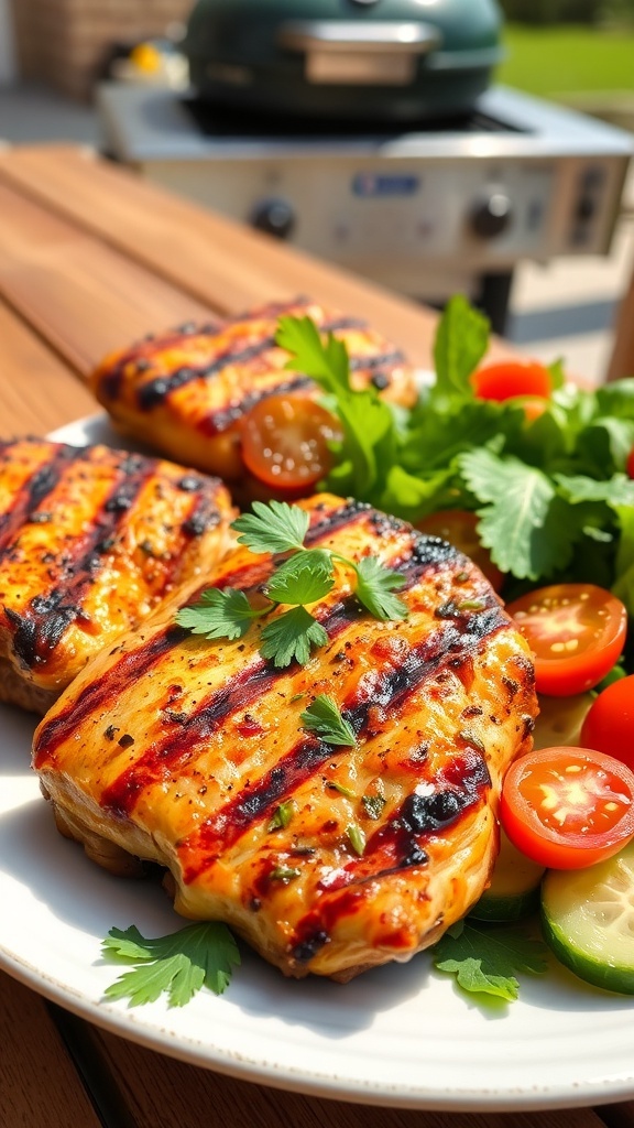 Juicy grilled chicken thighs garnished with parsley on a plate with a fresh salad.